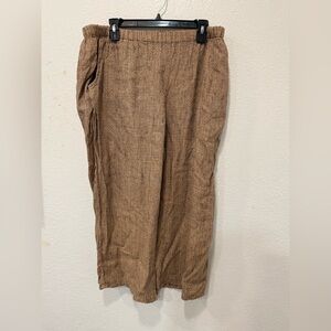 FLAX 100% Linen Wide Leg Pants Brown Elastic Waist Size Medium
